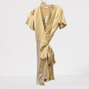 BEBE~DREAM Collection Champagne Satin Silk WRAP DRESS~ Short Sleeves NWT Sz MED